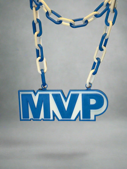 Blue 'MVP' sign hanging from a chain on a white background